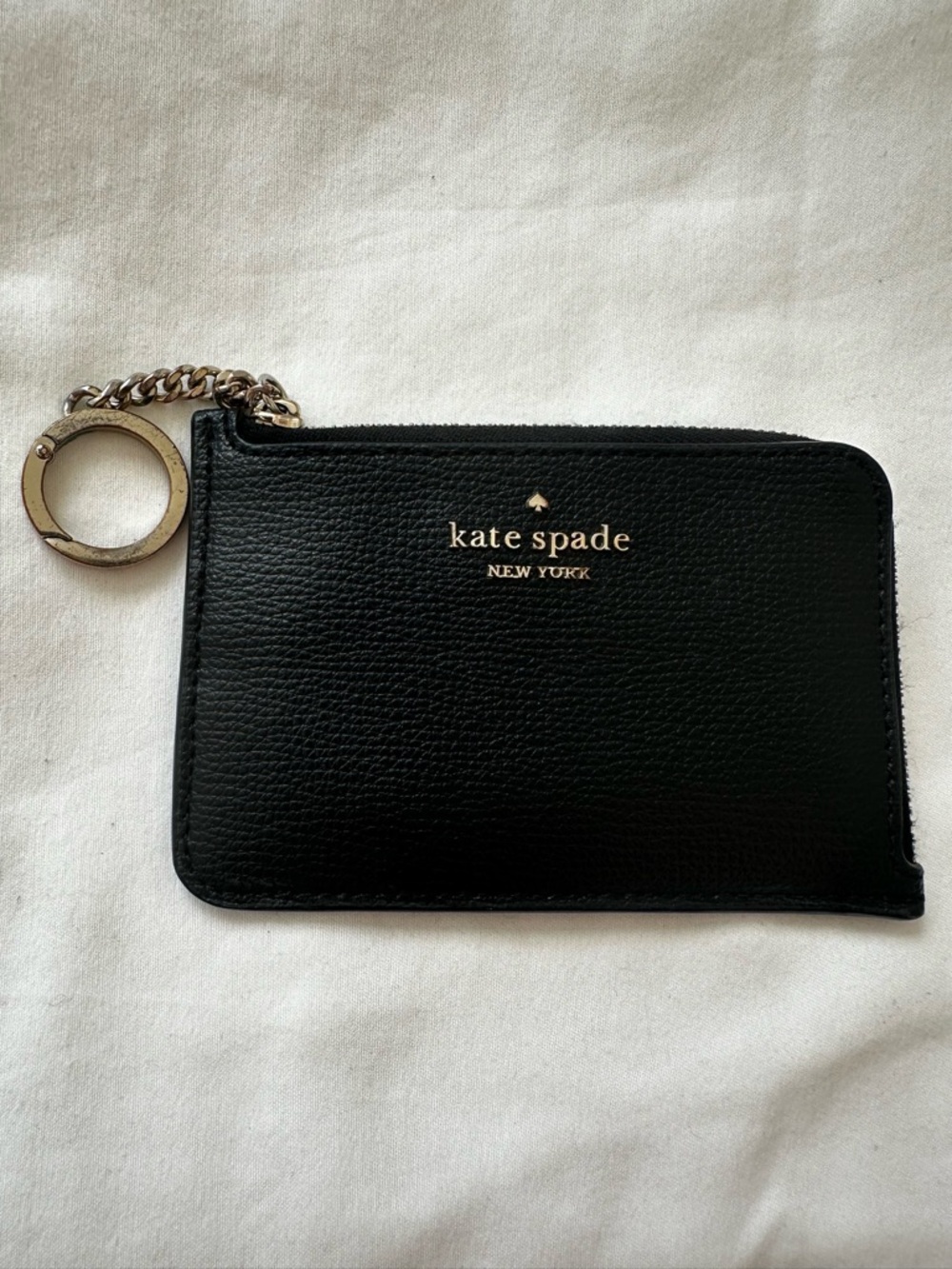 KATE SPADE Black Leather Zip Card Holder Coin Purse Keychain Key Ring Wallet